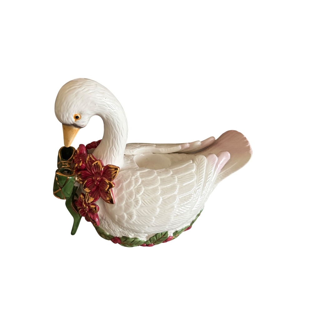 Vintage Christmas Ceramic Swan Votive Candle Holder Poinsettia Holly Gold Trim